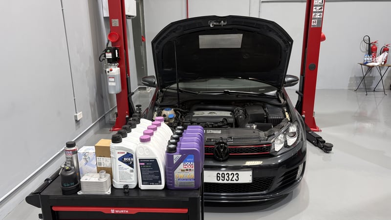 GTI major-service products arranged on a workshop trolley