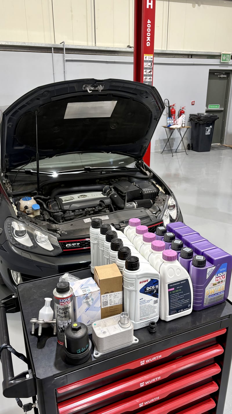Mk6 GTI service trolley showing engine oil cooler, oil filter, ROWE DSG fluid, G12evo coolant and LIQUI MOLY oil